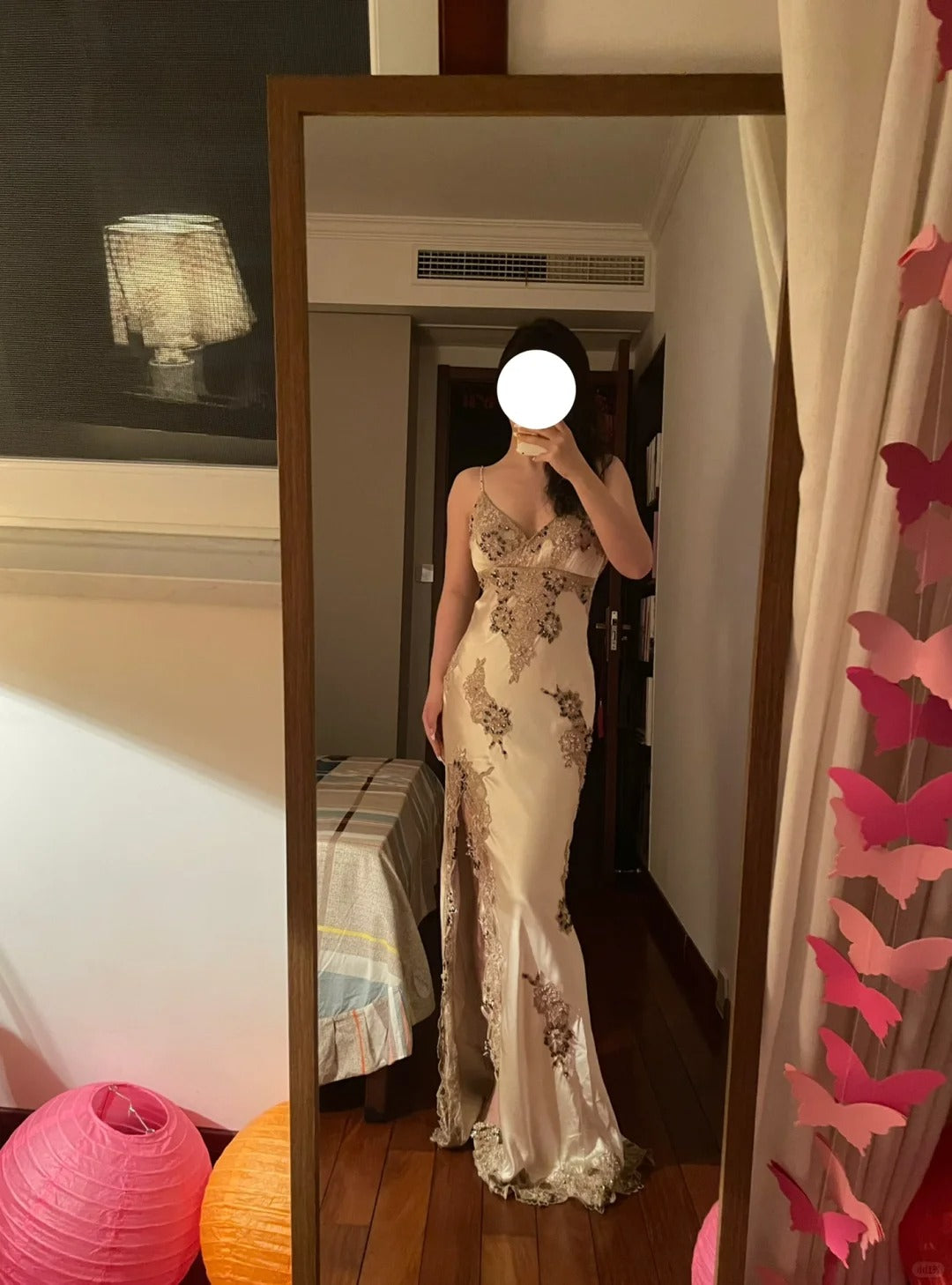 Sexy and Elegant Gold Beaded Lace V-Neck Slit Prom Dress P3385 Sexy and Elegant Gold Beaded Lace V-Neck Slit Prom Dress P3385