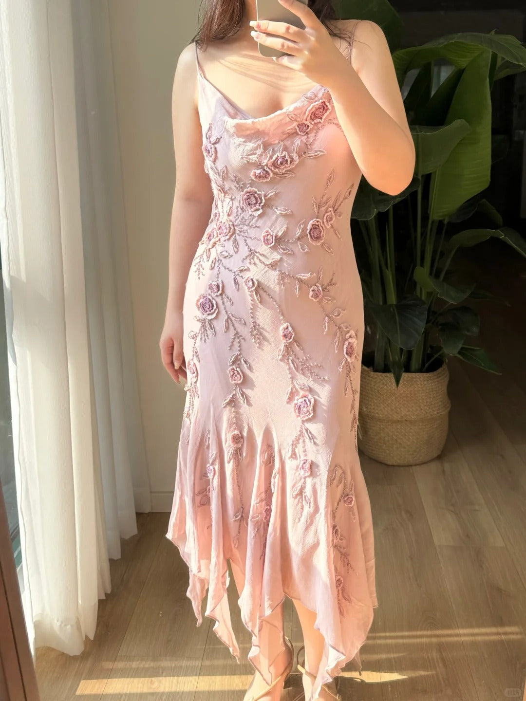 Cute Pink Mermaid Beaded Flower Spaghetti Straps Irregular Skirt Prom Cute Pink Mermaid Beaded Flower Spaghetti Straps Irregular Skirt Prom