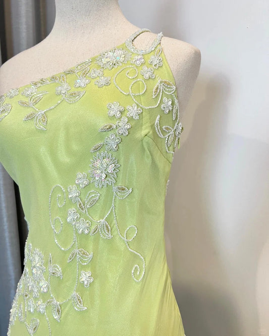 Fresh Green One Shoulder Sequin Embroidered Chiffon Mermaid Prom Dress P3392