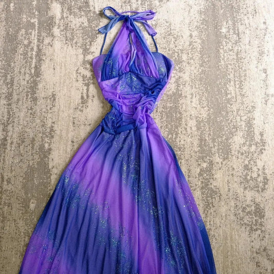 Sparkling Galaxy Chiffon Halter Neck Glitter Purple Prom Dress P3394