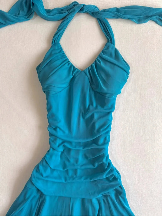 Simple And Elegant Blue Chiffon Waist Homecoming Dress P3408