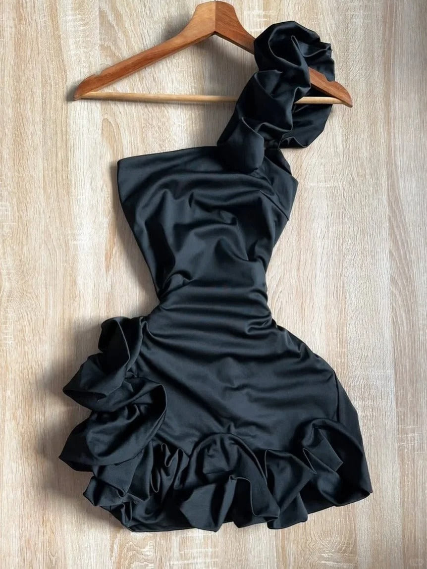 Elegant Satin One Shoulder Black Bud Mini Homecoming Dress P3410