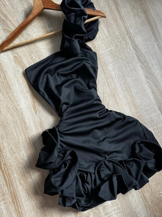 Elegant Satin One Shoulder Black Bud Mini Homecoming Dress P3410
