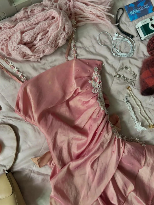 Cute Pink Spaghetti Strap Laser Ruffle Homecoming Dress P3411