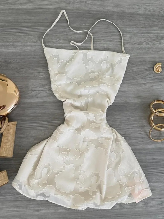Spaghetti Strap White Embroidered Tie Back Mini Homecoming Dress P3413