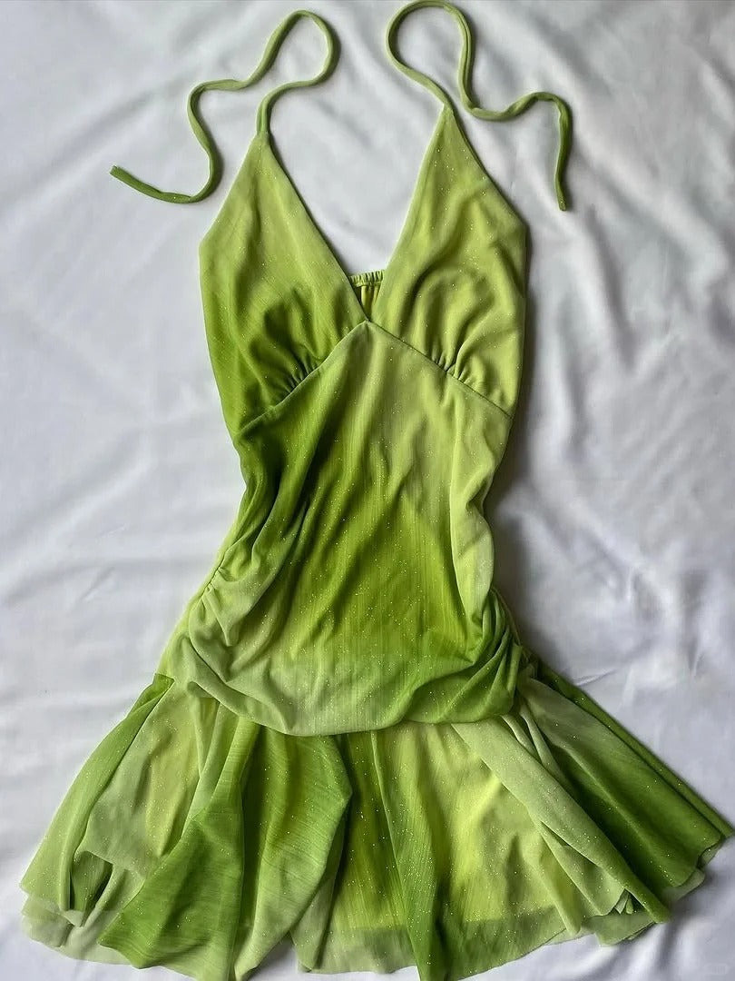 Green Shimmering Halterneck Chiffon Mini Homecoming Dress P3415 Green Shimmering Halterneck Chiffon Mini Homecoming Dress P3415