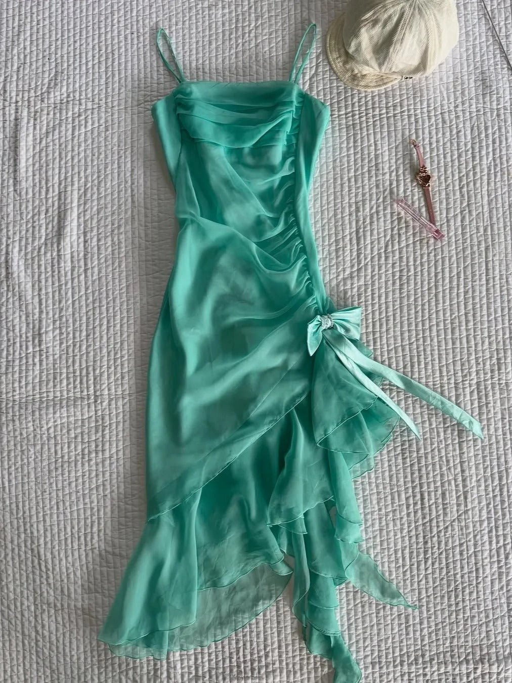 Beautiful Green Spaghetti Strap Chiffon Bow Irregular Homecoming Dress P3416