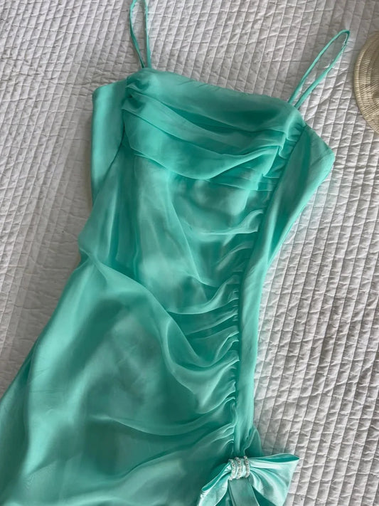 Beautiful Green Spaghetti Strap Chiffon Bow Irregular Homecoming Dress P3416