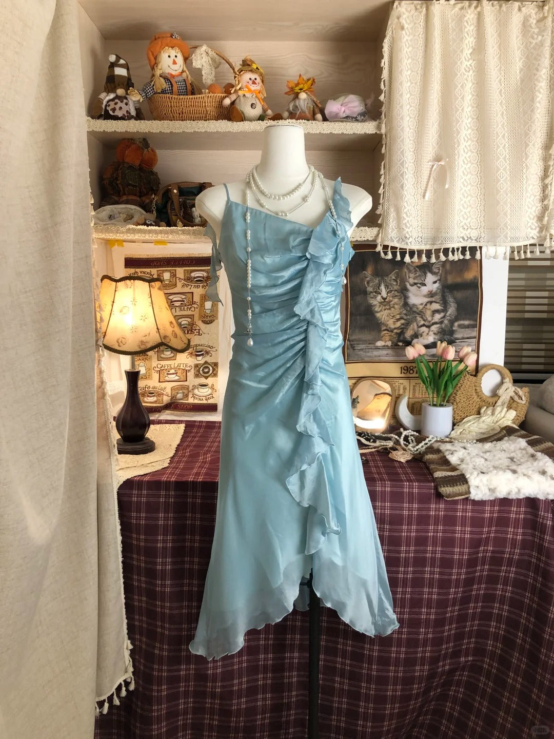 Beautiful Blue Shoulder Strap Ruffled Chiffon Homecoming Dress P3420