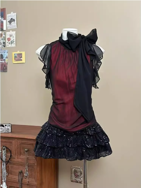 Vintage Burgundy Bow Black Sequin Mini Homecoming Dress P3423