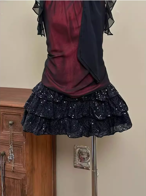 Vintage Burgundy Bow Black Sequin Mini Homecoming Dress P3423