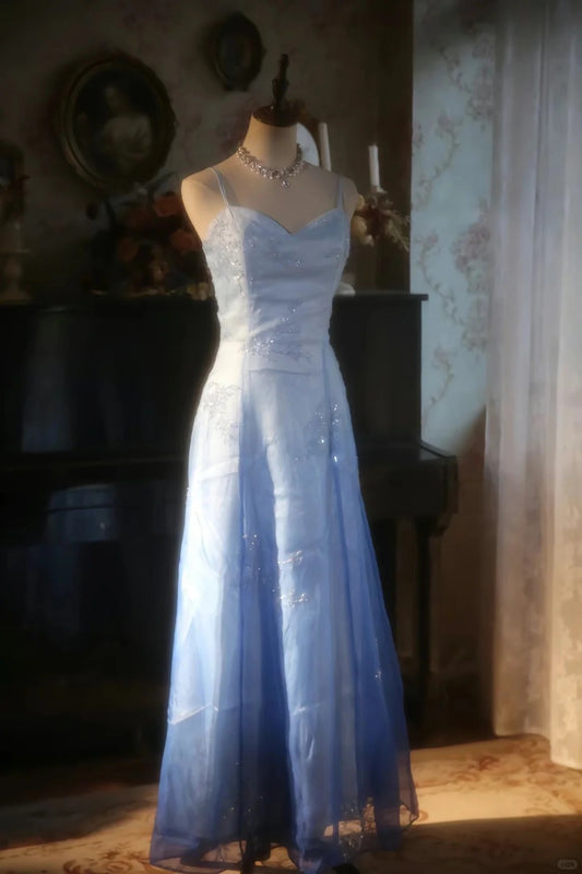 Vintage Gradient Blue Spaghetti Strap Beaded Tulle Long Prom Dress P3427