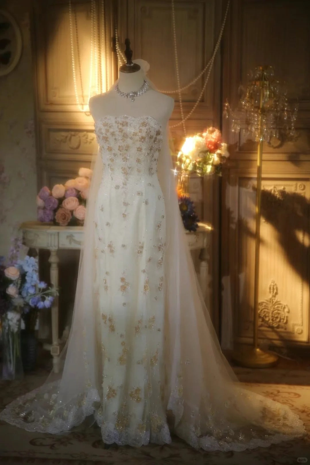 Elegant White Strapless Beaded Lace Trim Shiny Long Prom Dress P3428