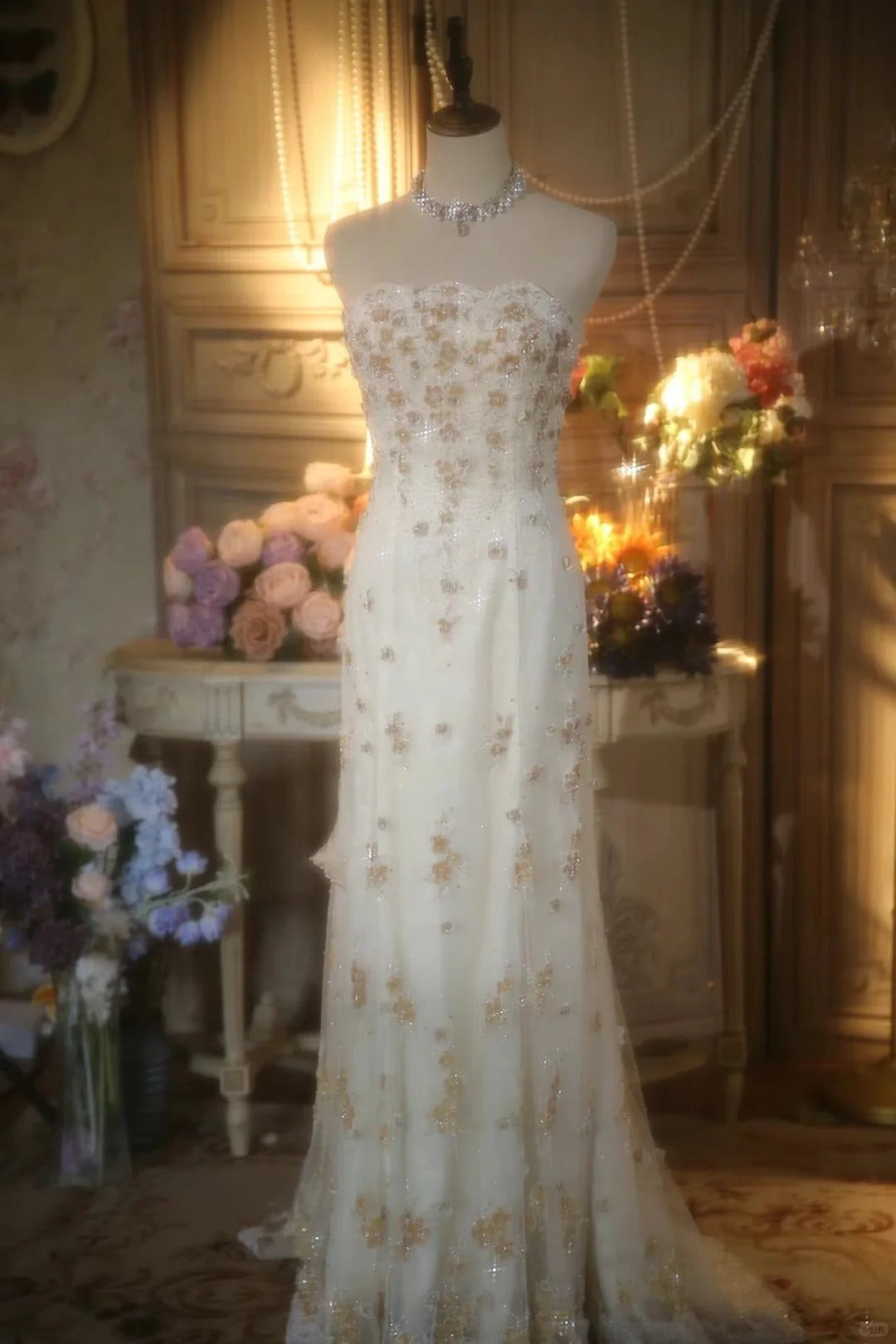 Elegant White Strapless Beaded Lace Trim Shiny Long Prom Dress P3428
