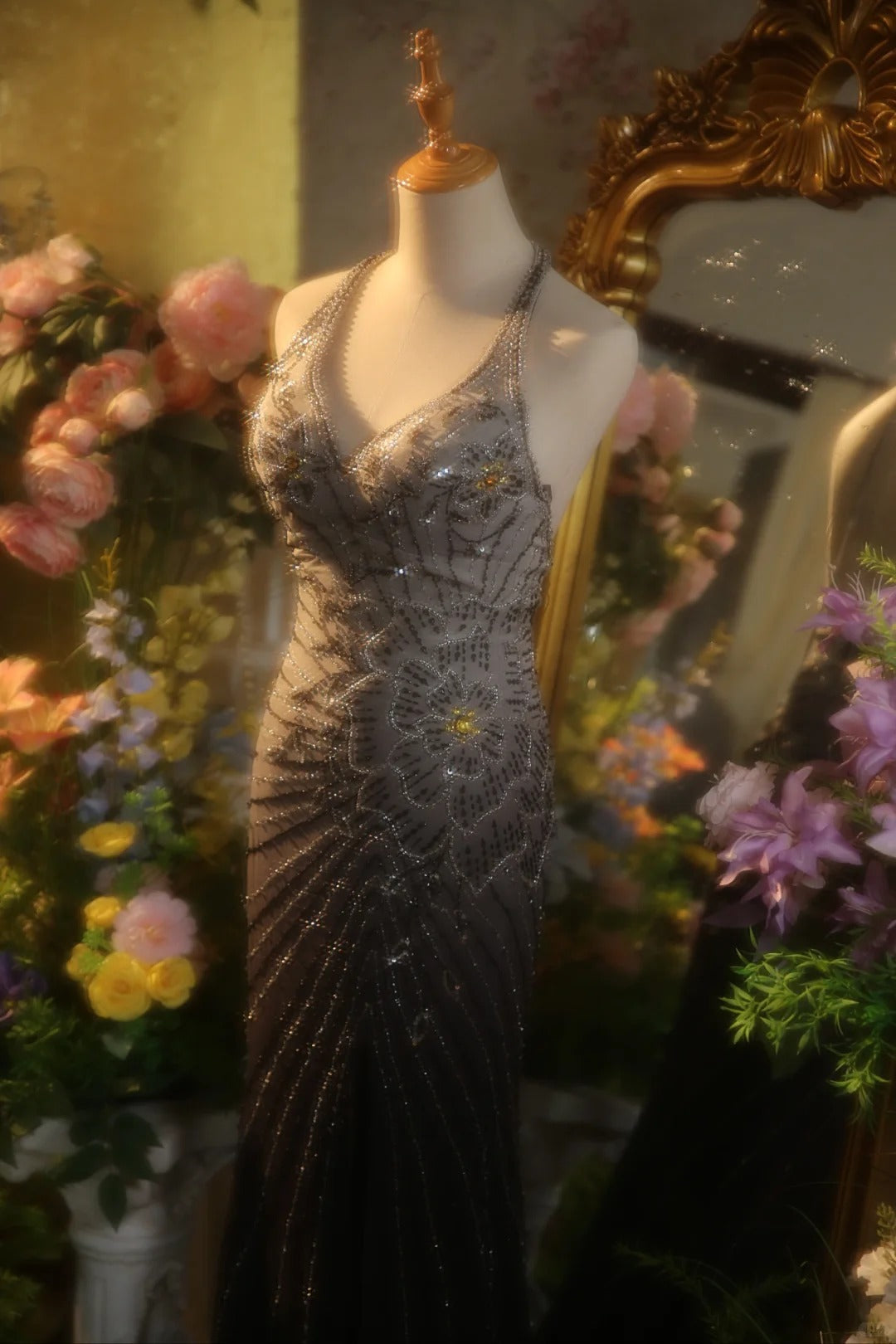 Elegant Gradient Gray Halter Neck Beaded Mermaid Prom Dress P3433