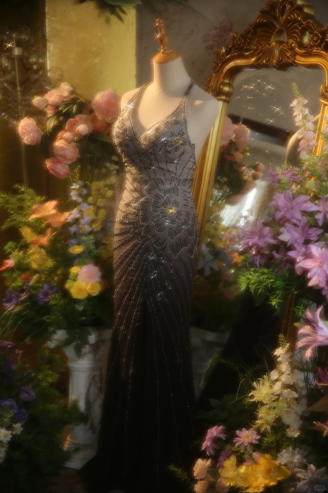 Elegant Gradient Gray Halter Neck Beaded Mermaid Prom Dress P3433