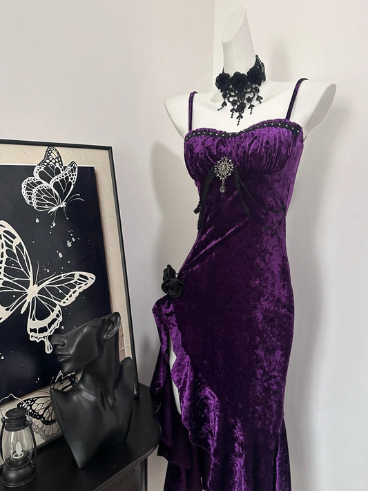 Ravissante robe de bal sirène asymétrique en velours violet à fines bretelles P3436