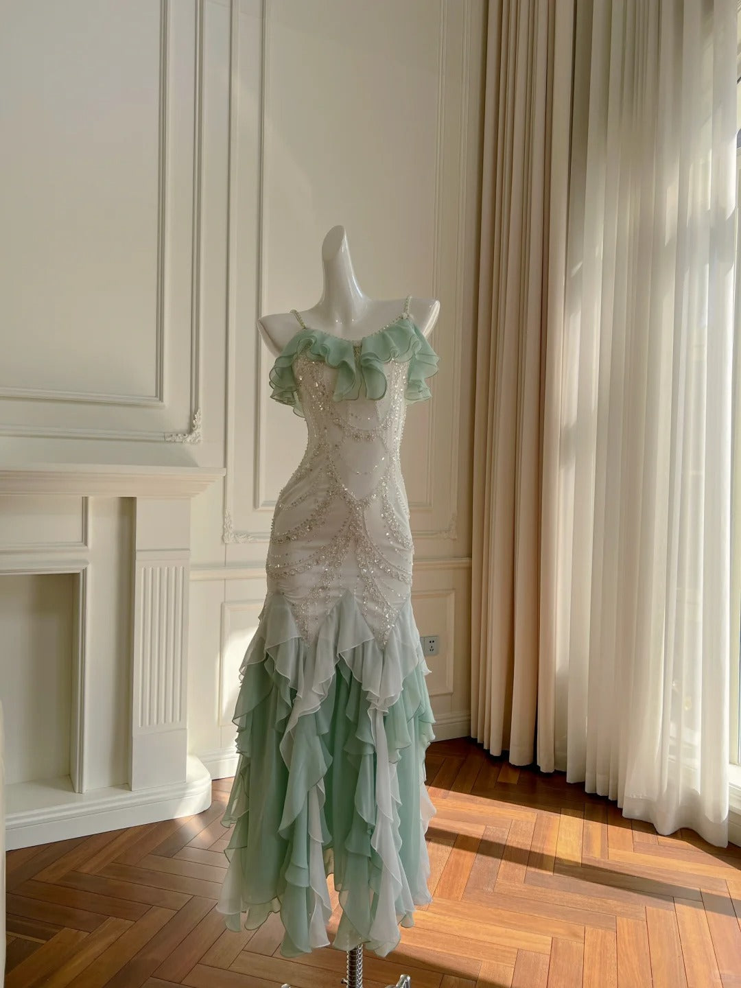 Beautiful Spaghetti Strap Mermaid Beaded Chiffon Prom Dress P3437