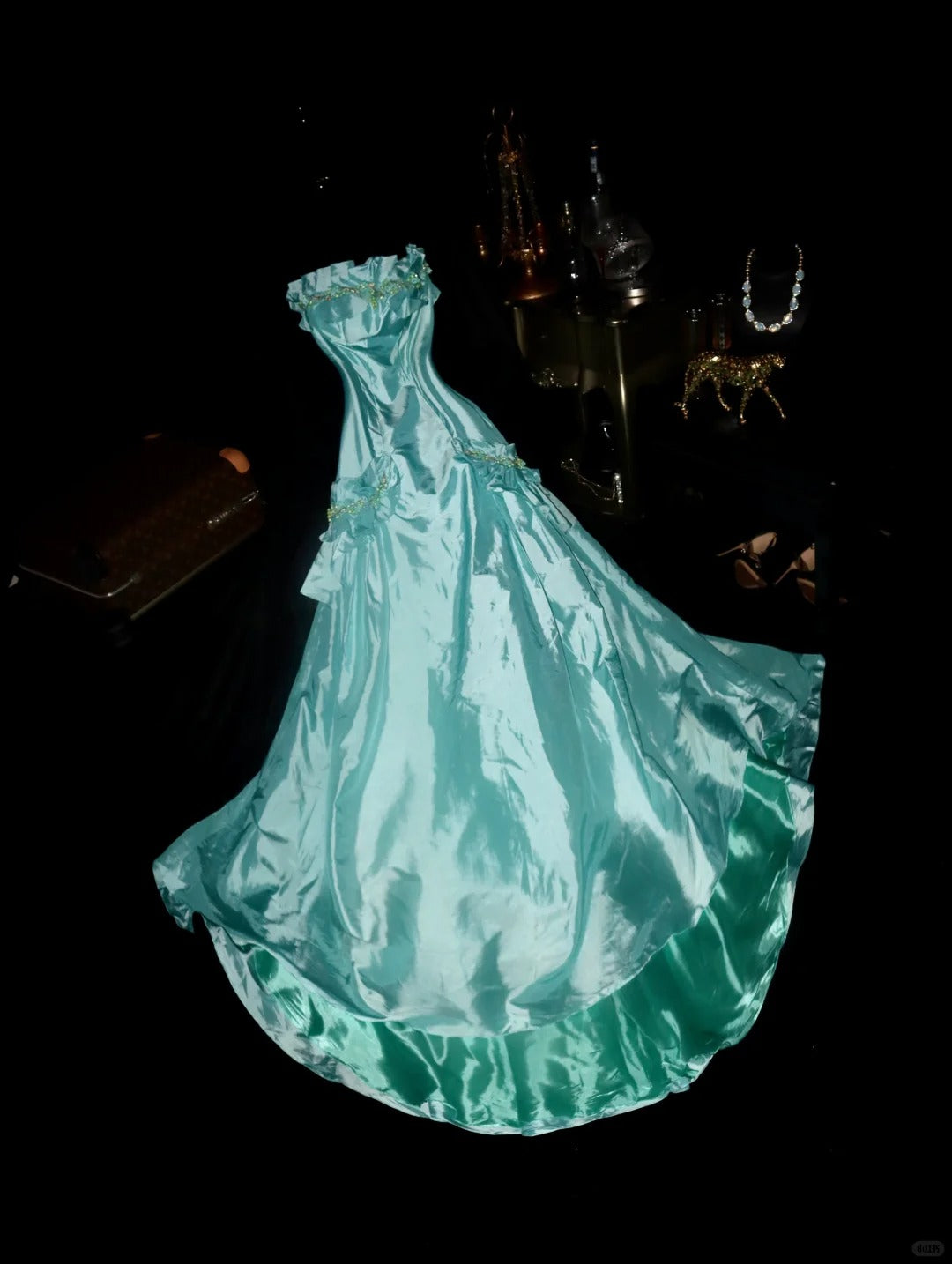Elegant Mint Green Satin Beaded Strapless Long Prom Dress P3444 PreppyDress Elegant Mint Green Satin Beaded Strapless Long Prom Dress P3444 PreppyDress