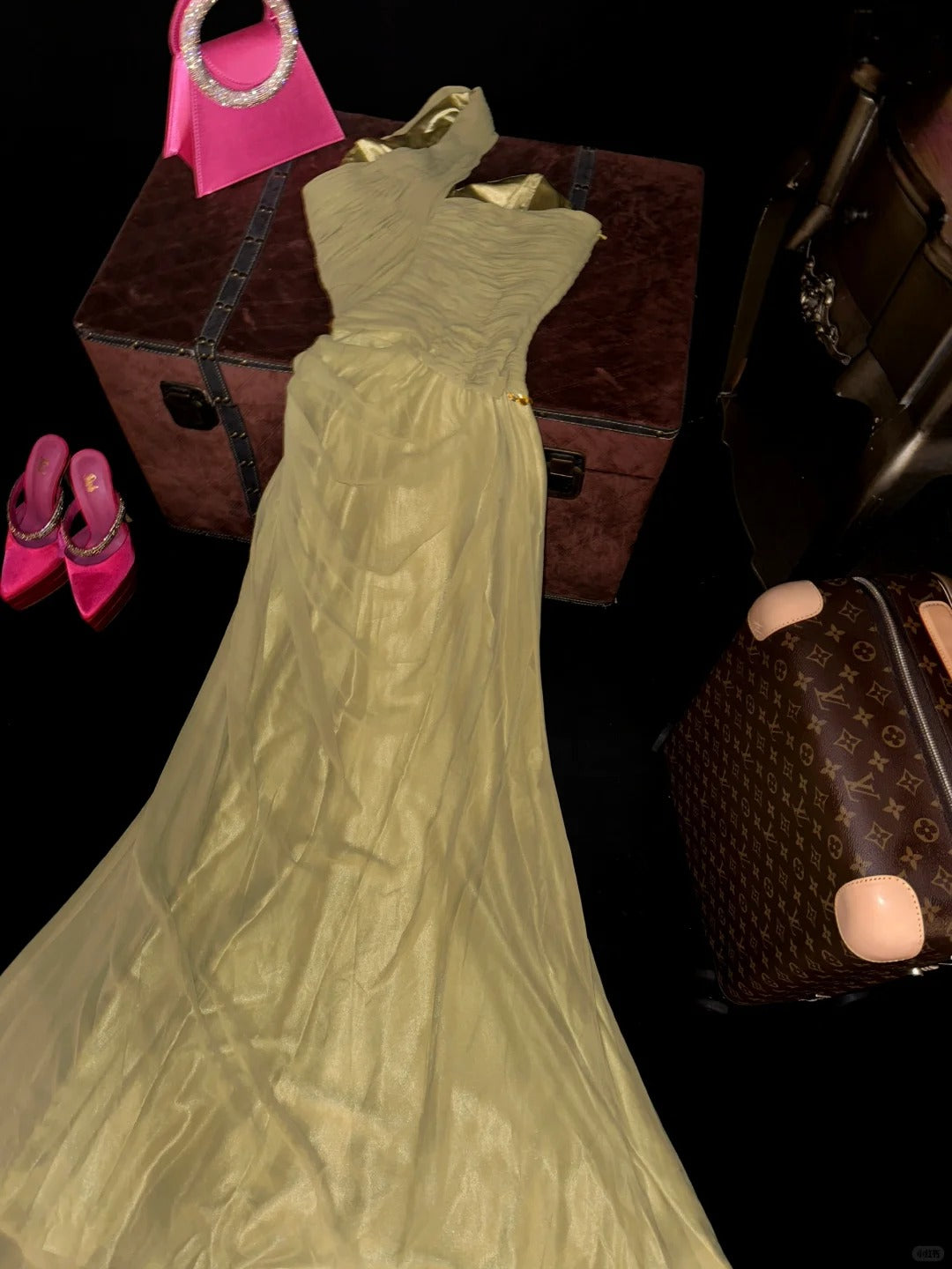 Beautiful Yellow Tulle One Shoulder Flower Diamond Long Prom Dress P3449