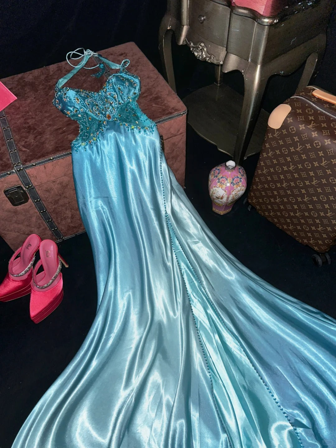 Vintage Blue Satin Beaded Halter Neck Long Prom Dress P3451 PreppyDress Vintage Blue Satin Beaded Halter Neck Long Prom Dress P3451 PreppyDress