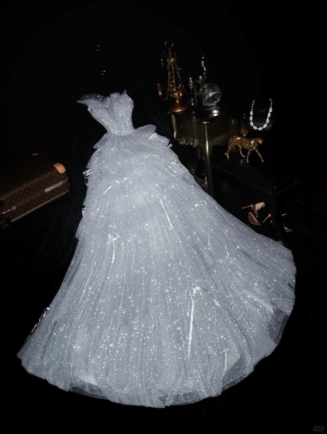 Sparkling Galaxy Silver Beaded Bow Tulle Princess Prom Dress P3453