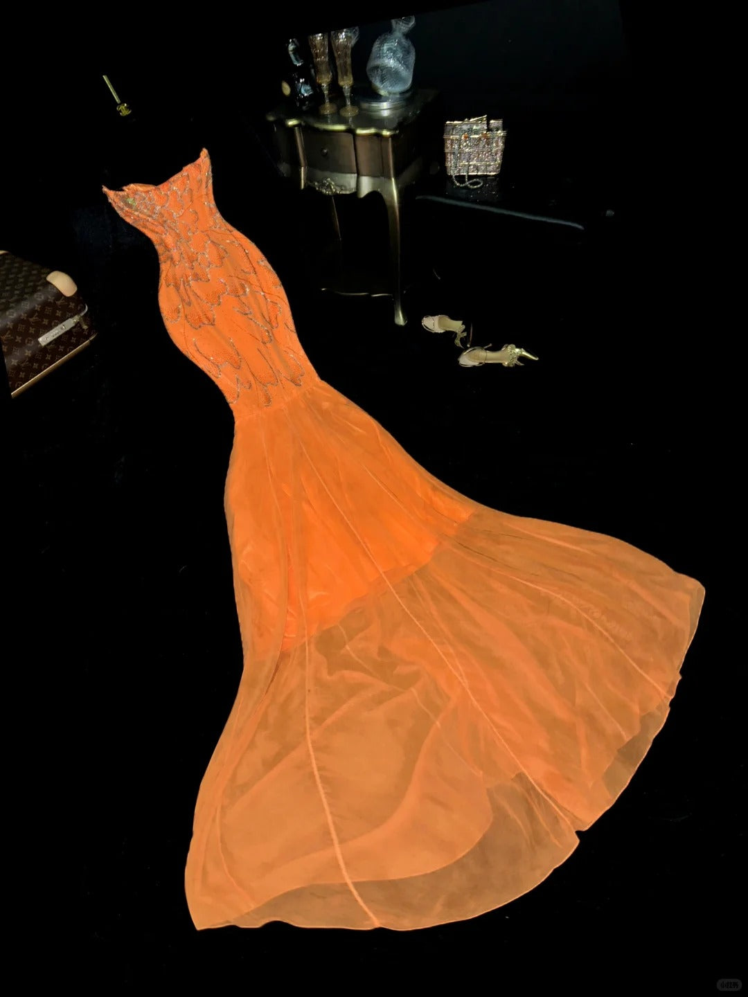 Sexy Orange Sweetheart Neck Mermaid Beaded Sequin Long Prom Dress P3458