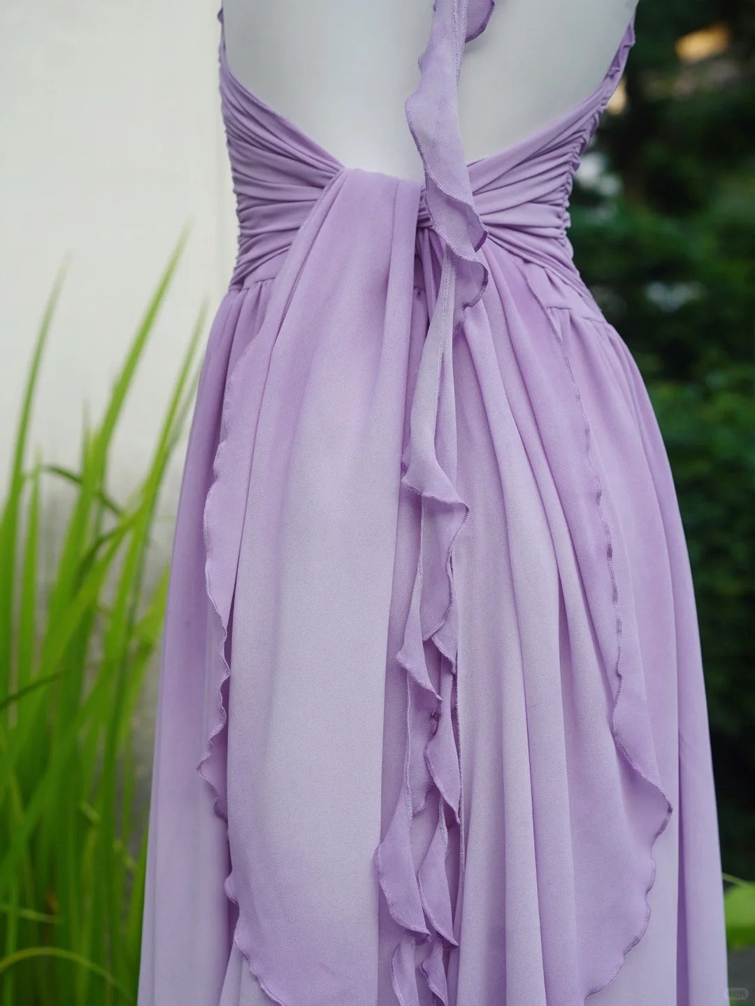 Flowing Chiffon Backless Purple Halter Neck Ruffled Long Prom Dress P3459