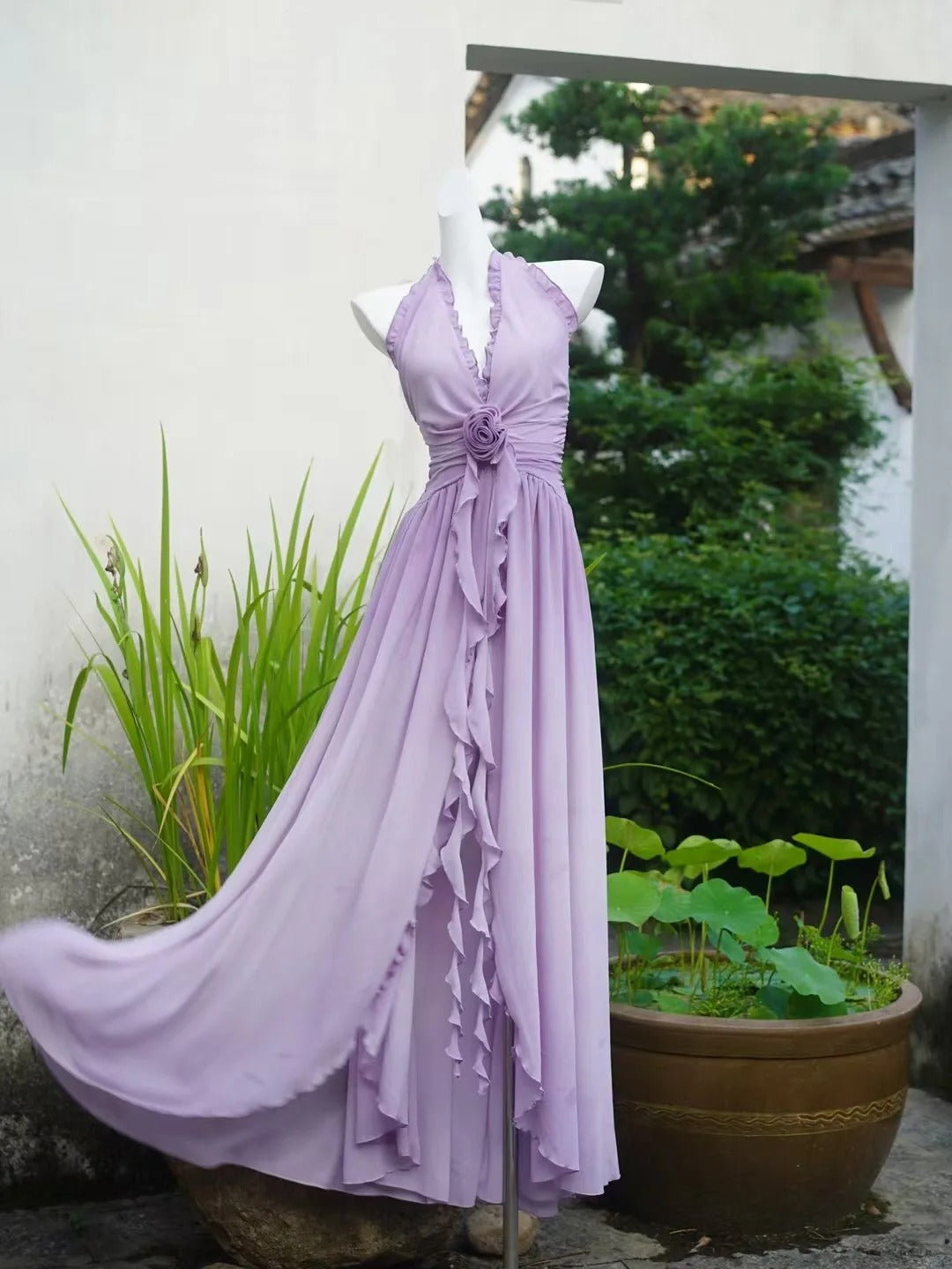Flowing Chiffon Backless Purple Halter Neck Ruffled Long Prom Dress P3459