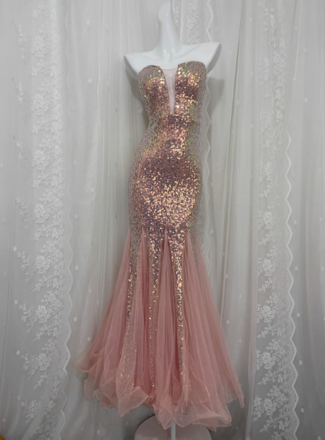 Sexy Sequined Strapless Mesh Mermaid Prom Dress P3460