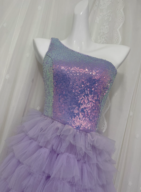 Elegant Purple One Shoulder Sequined Layered Tulle Long Prom Dress P3466