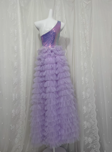 Elegant Purple One Shoulder Sequined Layered Tulle Long Prom Dress P3466