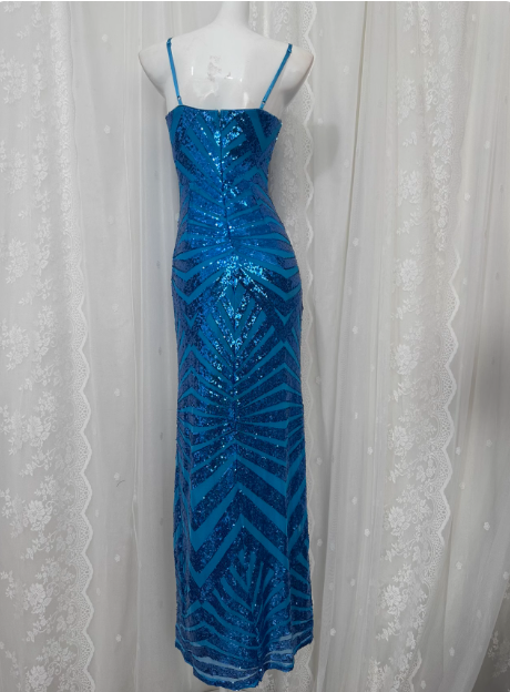 Elegant Blue Sequined Sling Slit Simple Long Prom Dress P3469