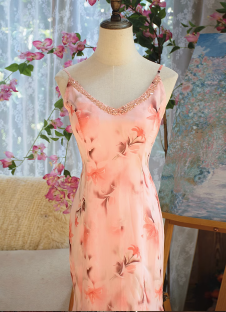 Belle robe de bal sirène en mousseline de soie à imprimé floral rose et col en V - P3472