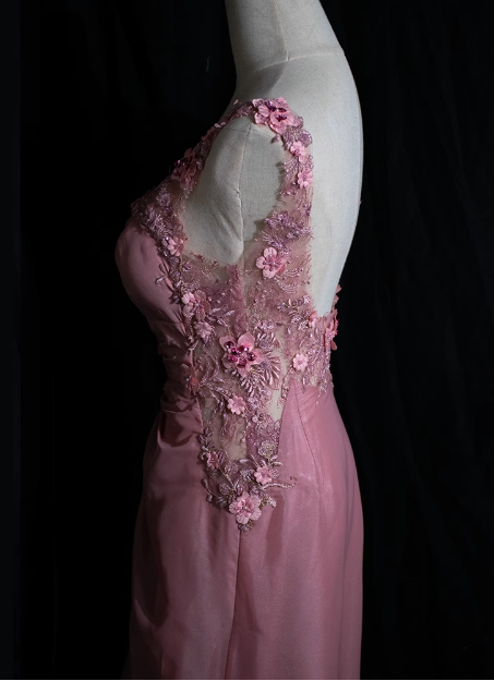 Retro Pink Beaded Backless 3D Flower Gradient Long Prom Dress P3475