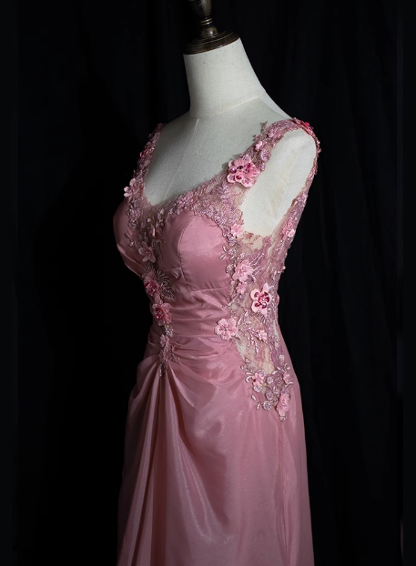 Retro Pink Beaded Backless 3D Flower Gradient Long Prom Dress P3475