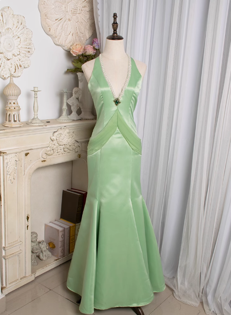 Retro Light Green Water Drop Beaded Deep V Backless Mermaid Satin Prom PreppyDress Retro Light Green Water Drop Beaded Deep V Backless Mermaid Satin Prom PreppyDress