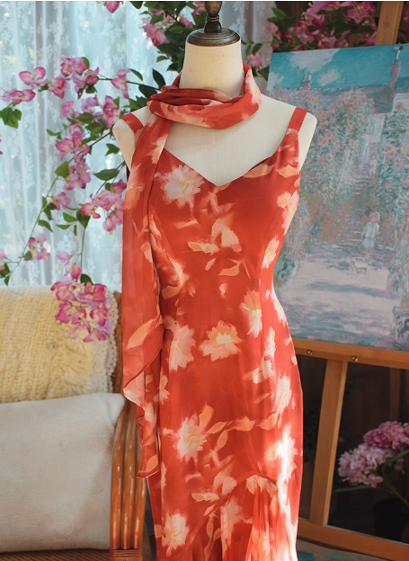 Beautiful Character Print Oil Painting Strapless Chiffon Mermaid Prom Dress P3479
