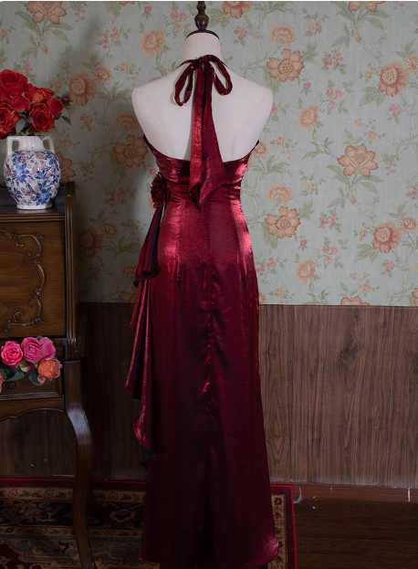 Light Luxury Retro Halterneck Sleeveless Three-dimensional Flower Backless Long Prom Dress P3480