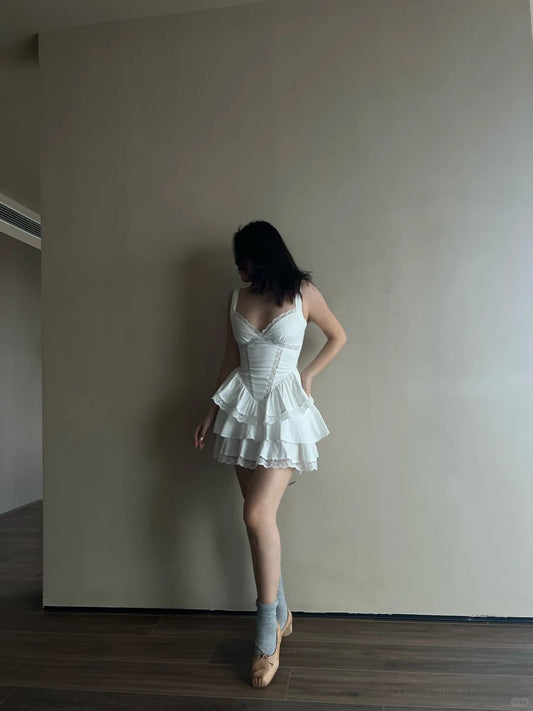 Cute White Strapless V Neck Lace Trim Mini Birthday Party Homecoming Dress P3486