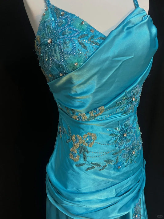 Vintage Blue Beaded Spaghetti Strap Satin Long Prom Dress P3489