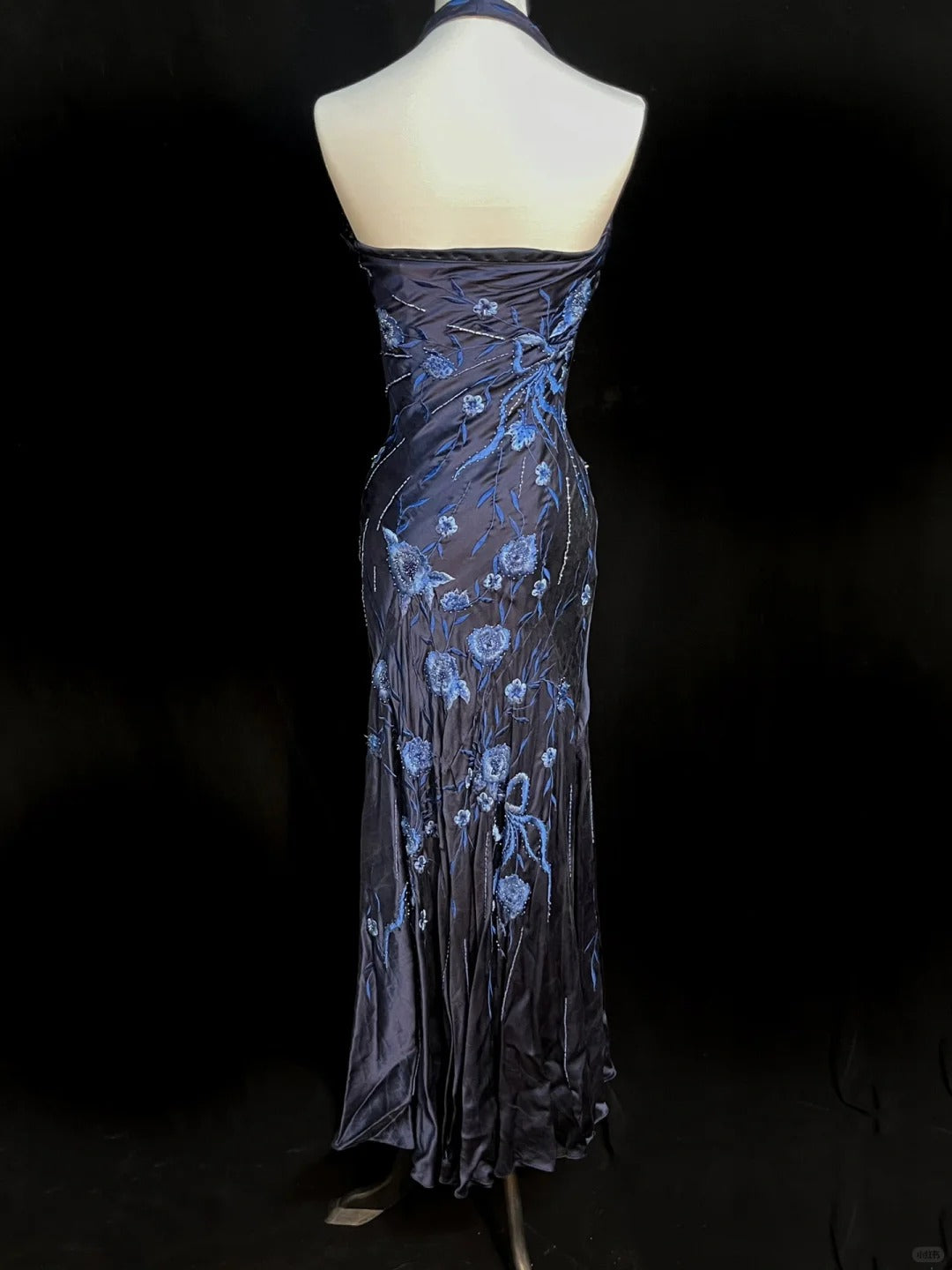 Elegant Navy Halter Neck Embroidered Satin Long Prom Dress P3490