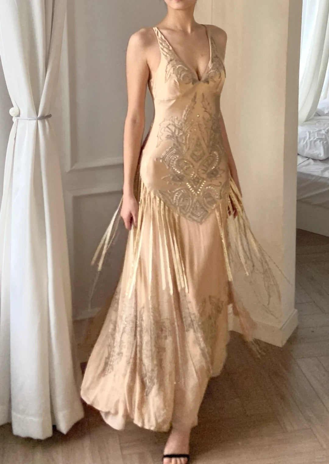 Flowing Champagne V-Neck Beaded Chiffon Tassel Prom Dress P3492