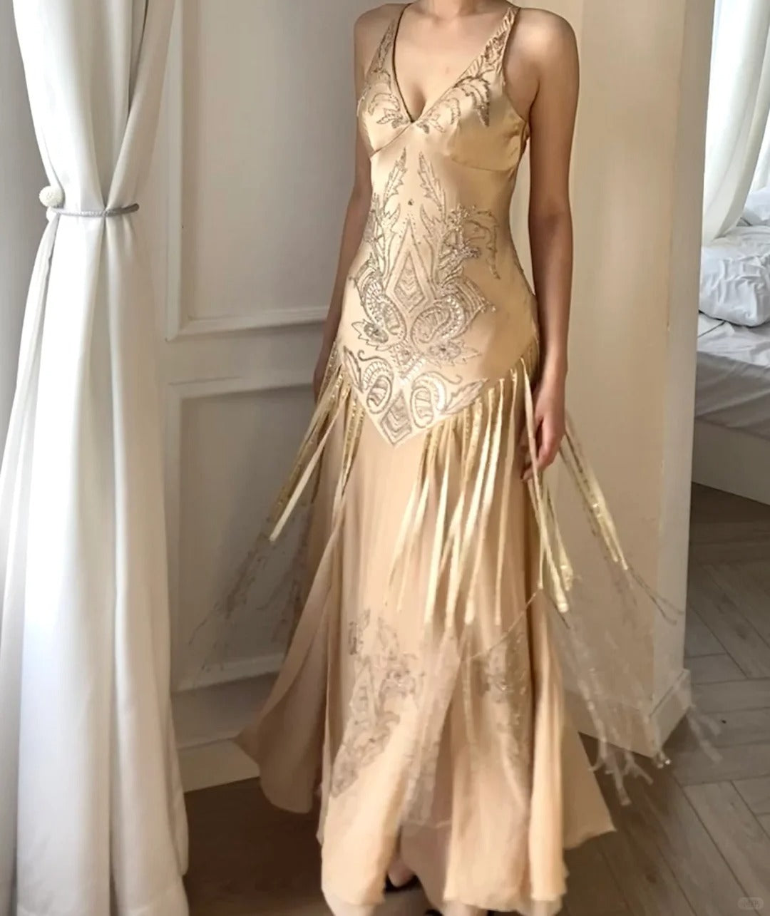 Flowing Champagne V-Neck Beaded Chiffon Tassel Prom Dress P3492