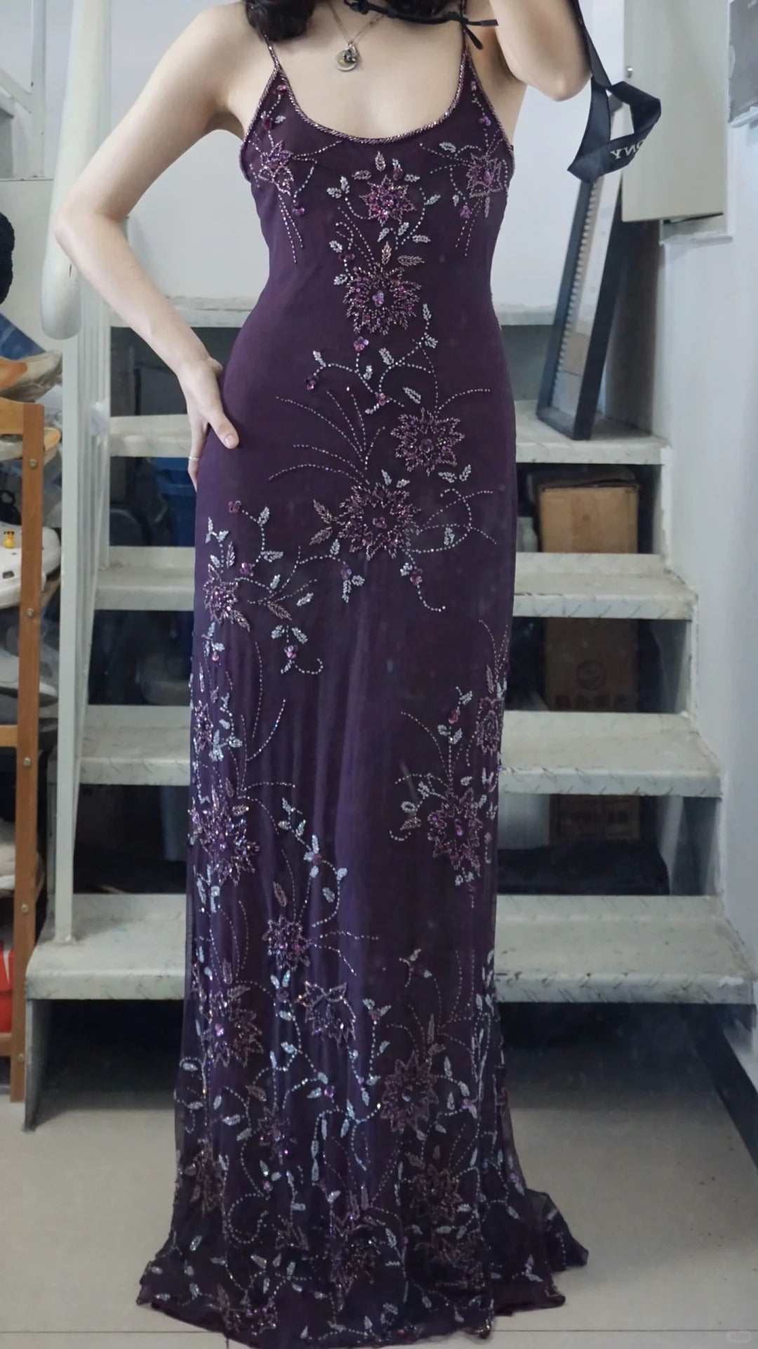 Elegant Purple U-neck Chiffon Beaded Spaghetti Strap Prom Dress P3493
