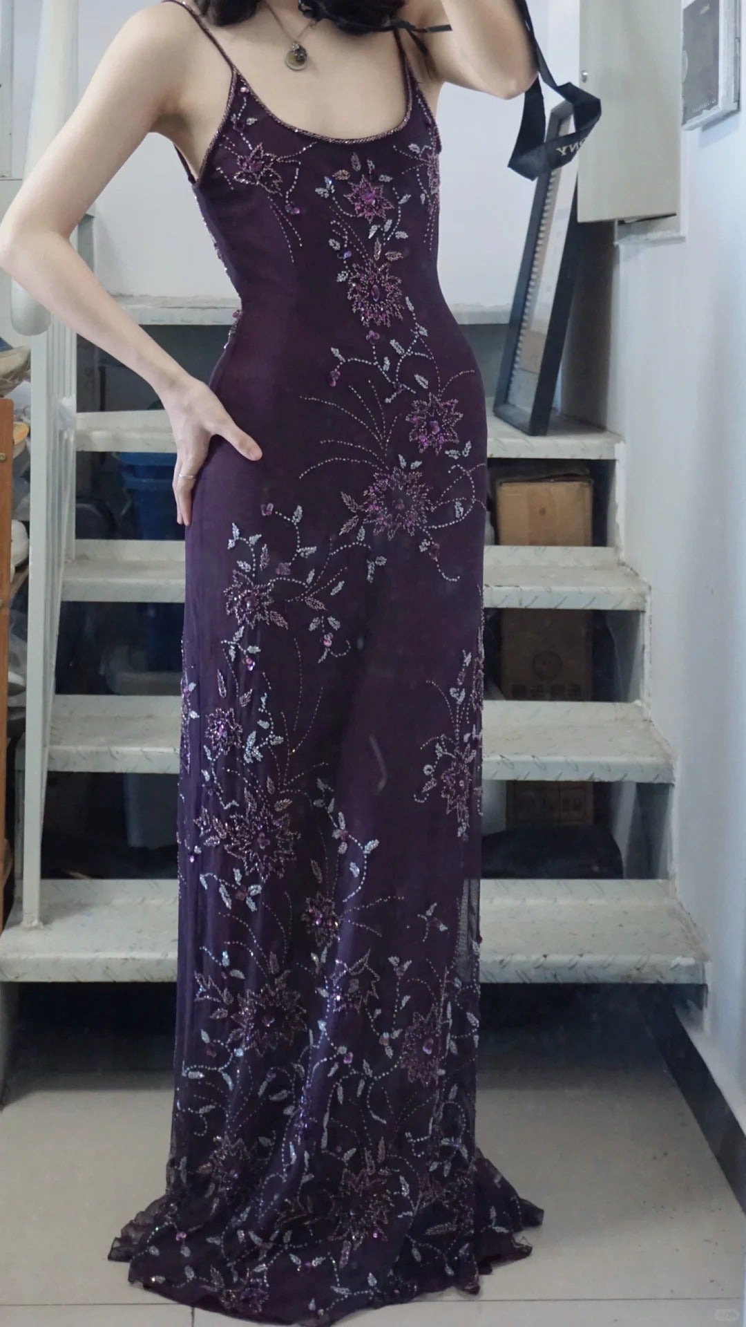 Elegant Purple U-neck Chiffon Beaded Spaghetti Strap Prom Dress P3493