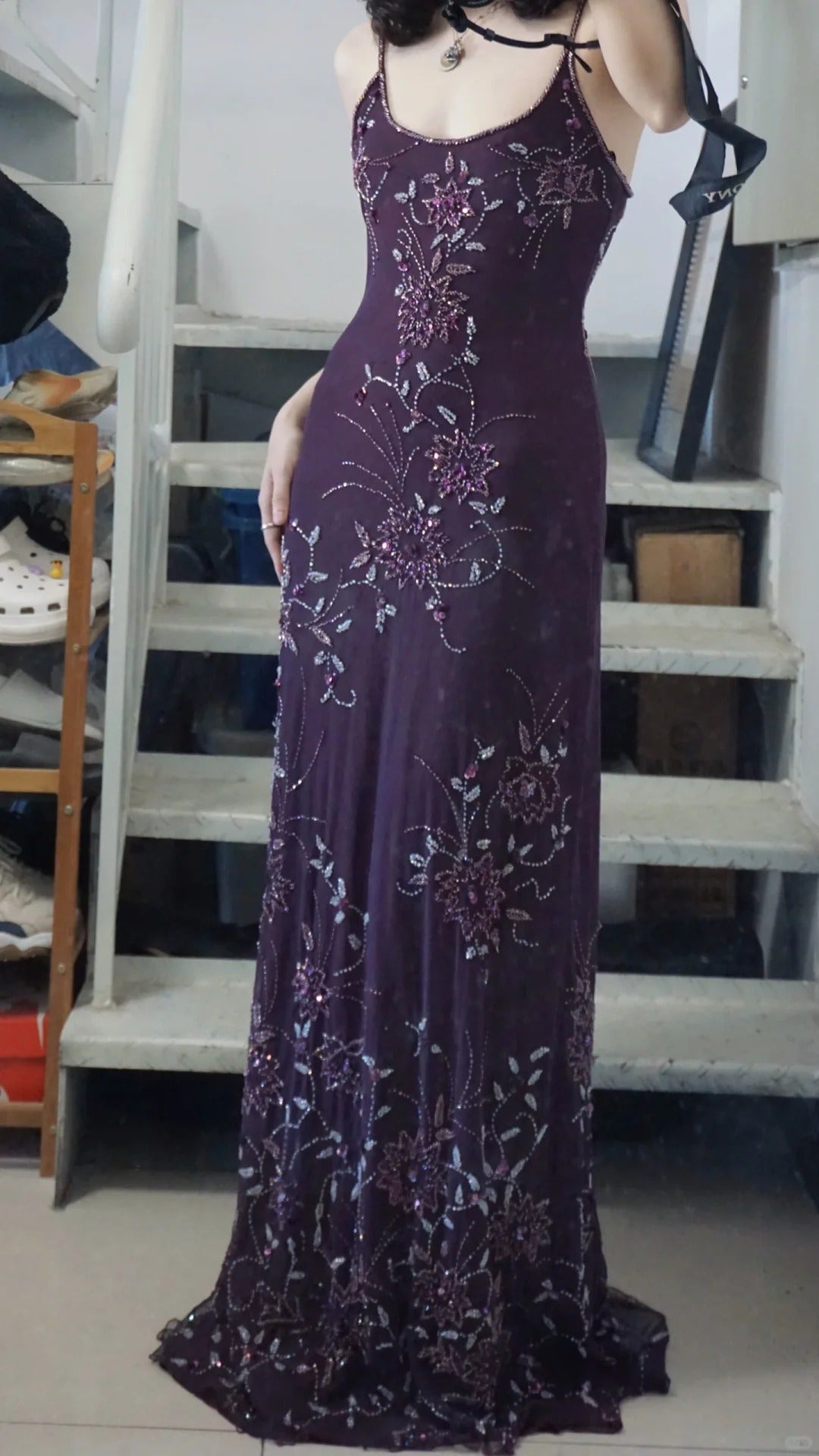 Elegant Purple U-neck Chiffon Beaded Spaghetti Strap Prom Dress P3493