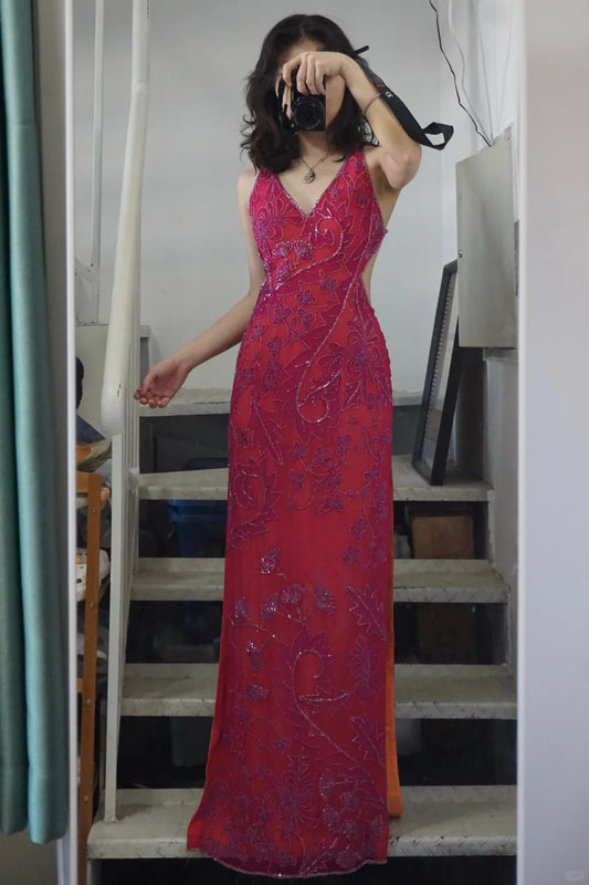 Beautiful Pink Backless Halter Neck High Slit V-neck Prom Dress P3494