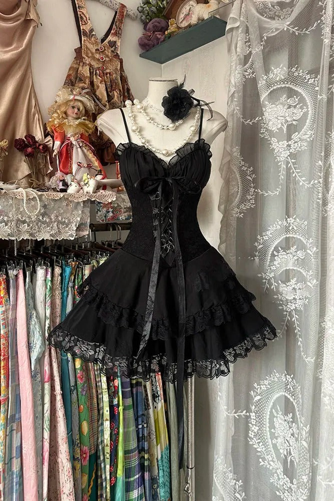 Sweet Black Lace Tie Mini Birthday Party Homecoming Dress P3497 PreppyDress Sweet Black Lace Tie Mini Birthday Party Homecoming Dress P3497 PreppyDress