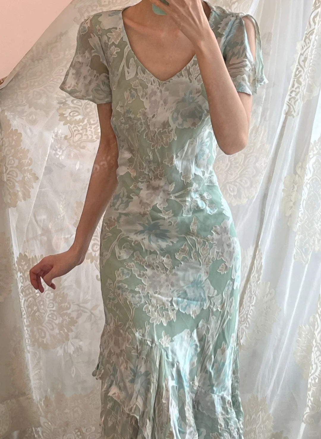 Elegant Light Green Short Sleeve Printed Chiffon Long Prom Dress P3500 PreppyDress Elegant Light Green Short Sleeve Printed Chiffon Long Prom Dress P3500 PreppyDress
